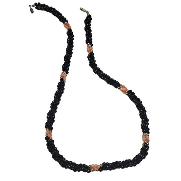 Black Onyx and Pink Coral Gemstone Mino Round Bead Twisted Necklace Vintage - Picture 3 of 5